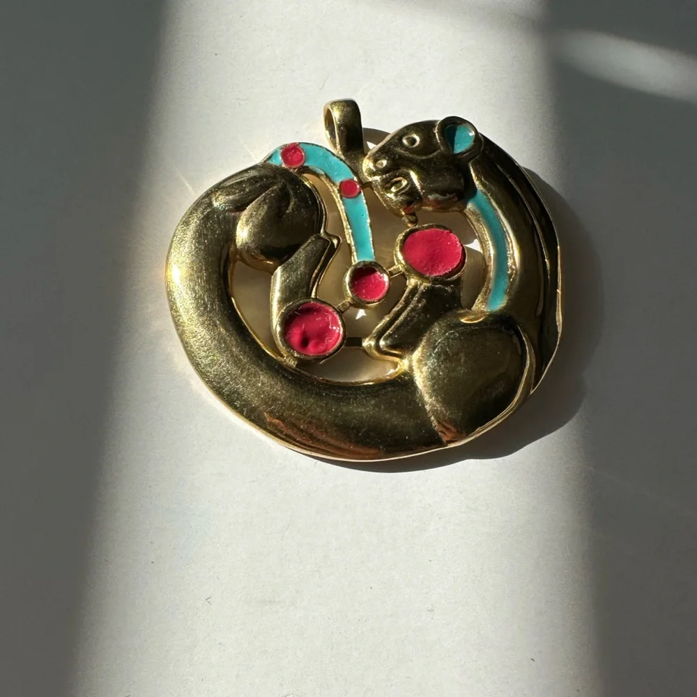 Rare Collective Scythian Gold Panther Pendant with Red and Turquoise Accents